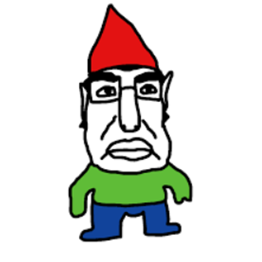 $gnomechud mascot: a scowling wojak gnome in a pointy red hat, thick glasses, green shirt and blue pants